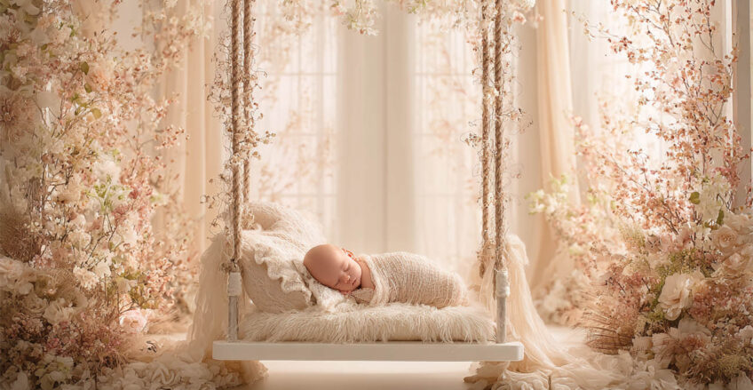 Newborn baby posed in a cosy floral nest, Melbourne newborn and maternity photography