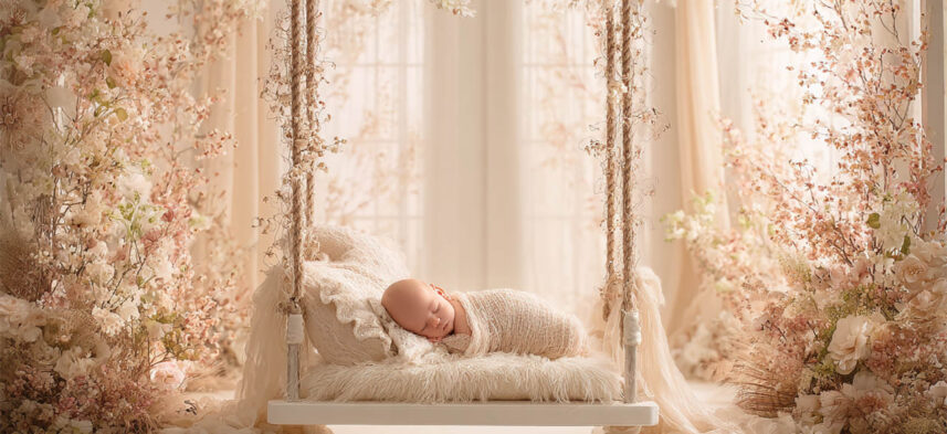 Newborn baby posed in a cosy floral nest, Melbourne newborn and maternity photography