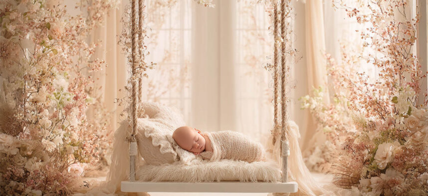 Newborn baby posed in a cosy floral nest, Melbourne newborn and maternity photography
