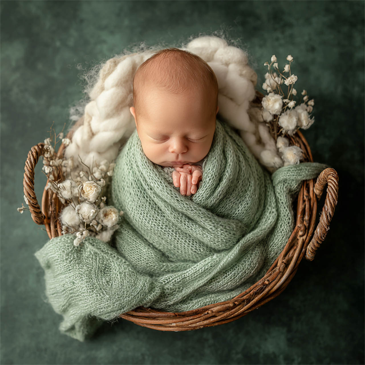 Newborn baby posed in a cosy floral nest, Melbourne newborn & baby studio