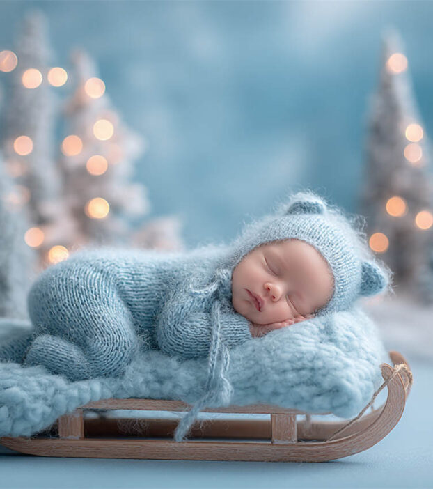 Newborn cradled in soft fur and florals, newborn photography Melbourne