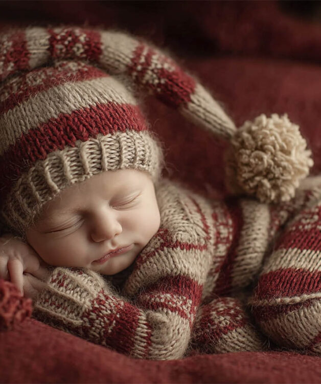 Baby settled snugly in a woven basket, newborn photography Melbourne
