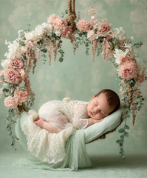 Newborn baby posed in a cosy floral nest, Melbourne newborn & baby studio
