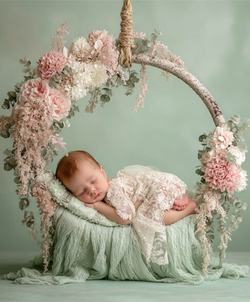 Peaceful newborn with a delicate flower headband, Melbourne newborn and maternity photography