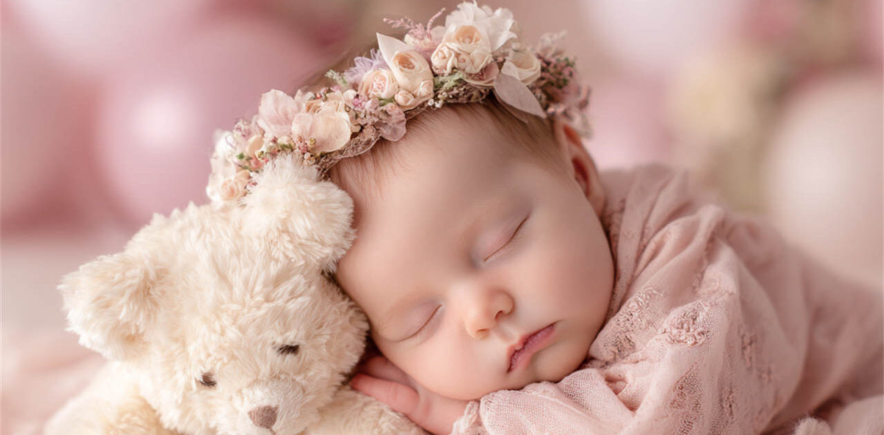 Newborn baby posed in a cosy floral nest, Melbourne newborn and maternity photography