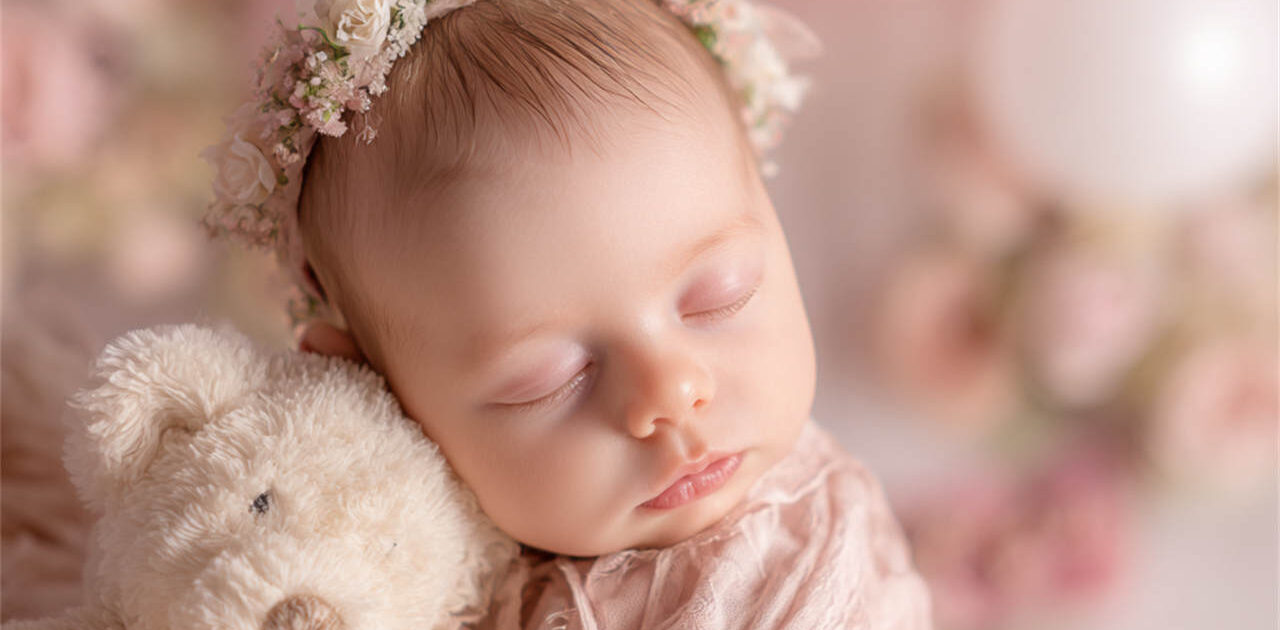 Peaceful newborn with a delicate flower headband, Melbourne newborn photography
