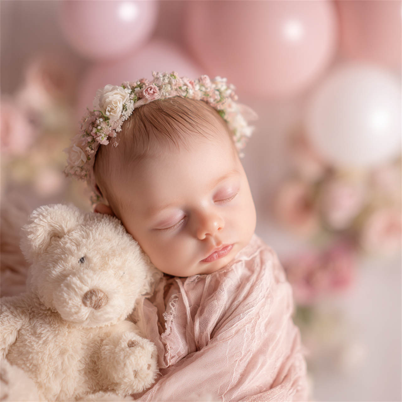 Peaceful newborn with a delicate flower headband, Melbourne newborn photography