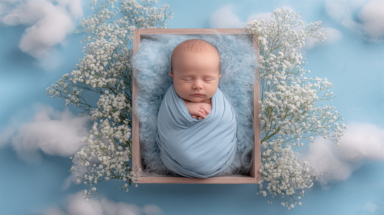 Newborn baby peacefully sleeping in a wooden box wrap — Melbourne newborn and maternity photography