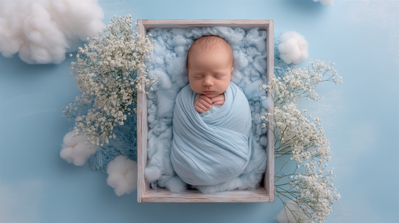 Newborn baby peacefully sleeping in a wooden box wrap — Melbourne newborn photography