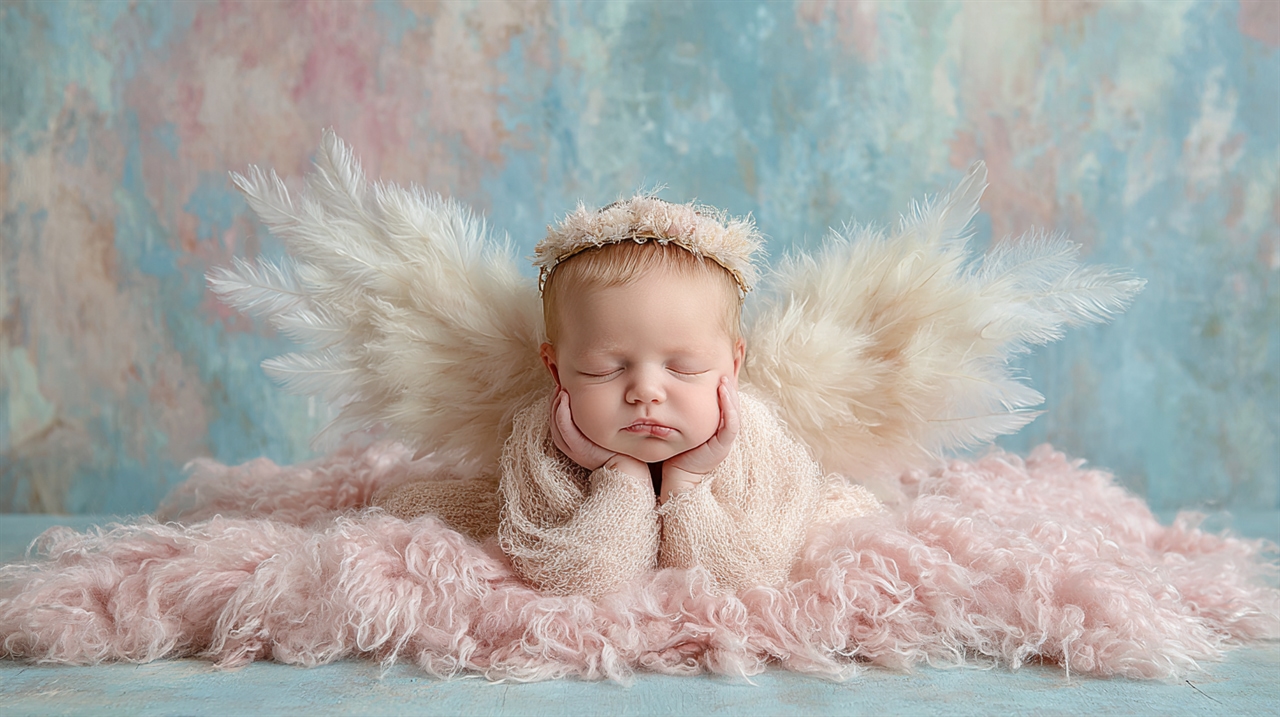 Newborn dressed as an angel in froggy position angel — Melbourne newborn photography
